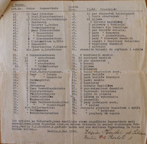 Wykaz przedmiotów osobistych B.A. Hendla
